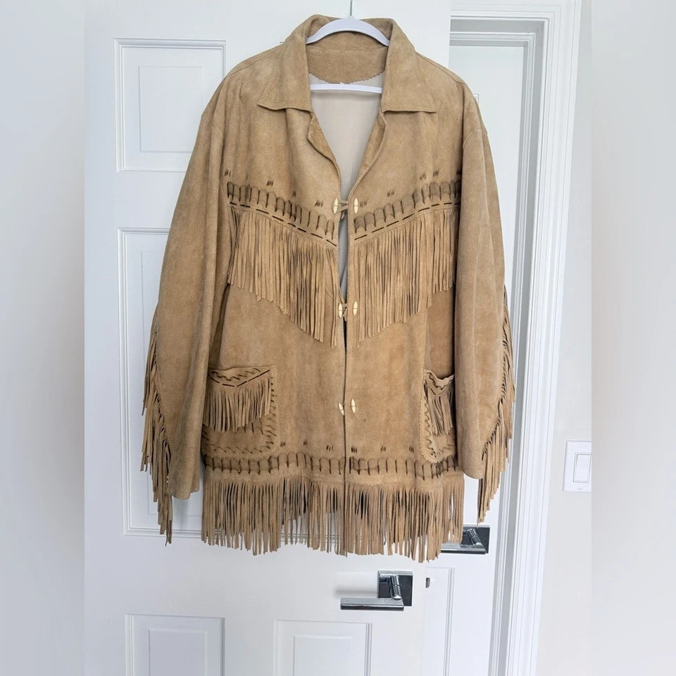 Chaqueta con flecos de gamuza occidental vintage • Escena de caballo mecanizada a mano • Talla XXL Foto 1 de 4
