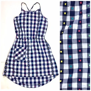 Hanna Andersson Blue Gingham Check Rainbow Dotted Racerback Dress Cotton Sz 140 - Picture 1 of 11