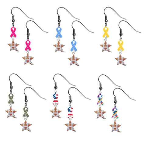Houston Astros Style 2 Ribbon Earrings Pink Cancer Blue Yellow Camo USA Crucial Cover