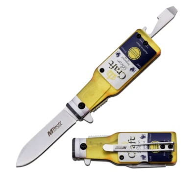 CUCHILLO ASISTIDO POR RESORTE MTECH EE. UU. en forma de botella de cerveza con abrebotellas EMTA119C Foto 1 de 4