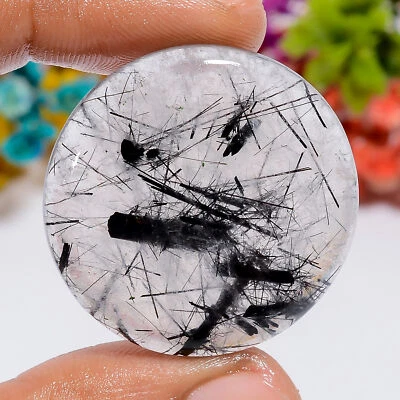Natural Black Rutile Quartz Round Shape Cabochon Loose Gemstone 50 Ct 31X31X5 mm - Image 1 of 2