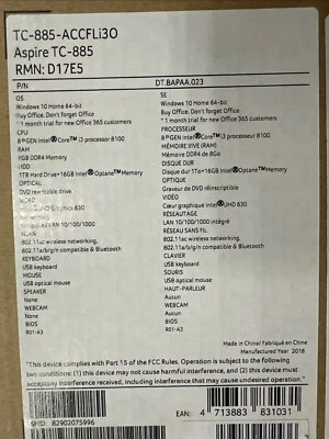 Aspire TC-885, Windows 10 64-bit, Intel I3 8th Generation Processor - Image 1 of 2