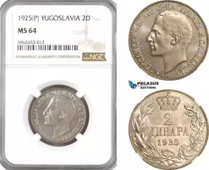 AH27, Yugoslavia, Alexander I, 2 Dinara 1925 P, Poissy Mint, NGC MS64 - Picture 1 of 1