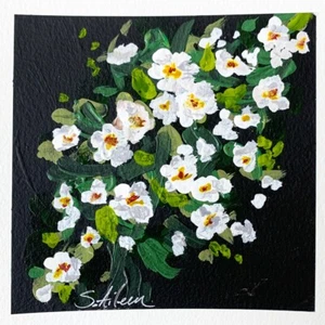 Original Painting White Wild Roses Dark Background Impressionist Grn Signed 5x5 - Picture 1 of 4
