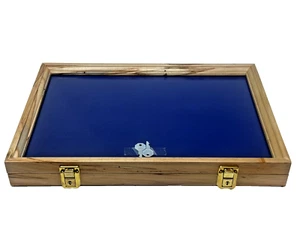 Maple Wood Display Case 12 x 18 x 2 with Blue Liner for Arrowheads Knives Coins - Picture 1 of 7