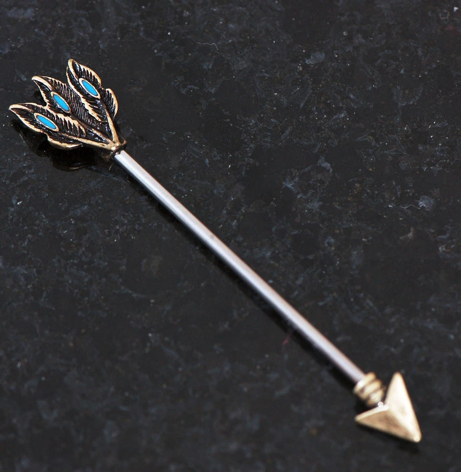 Triple Feather Arrow Turquoise 316L Surgical Steel Industrial Barbell 14g 1.5"  - Image 1 of 3