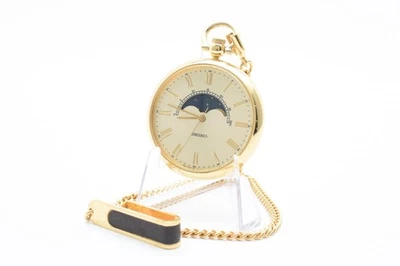 Vintage 1985 [N MINT] Seiko Pocket Watch 7424-0010 Moon Phase Gold Qz From JAPAN - Image 1 of 4