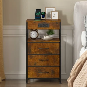 Bedside Table with Charging Station 3 Fabric Drawers Nightstand Brown - Picture 1 of 12