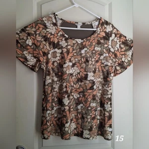 Cato Floral Women's Top Brown and Cream Bell Short Sleeve Boho Fall Casual Offic - Picture 1 of 10