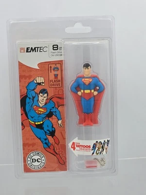 NEW DC COMICS EMTEC Superman figure 8GB USB 2.0 Flash Drive w/ 4 Tattoos - Image 1 of 4