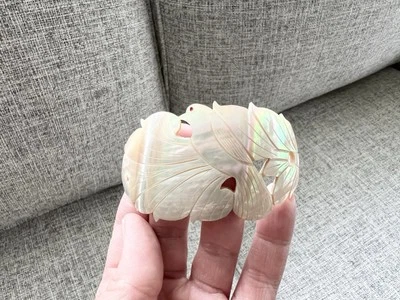 Vtg Skewer Hair Pin Mother Of Pearl White Shell Hairpin Carved Dove Bun Cover - Image 1 of 4