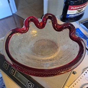 Large Vintage Murano Art Glass Ruby Red Clam Shell Bullicante Clear Case Bubble - Picture 1 of 5
