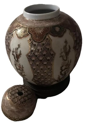 Vintage 10” ORIENTAL GINGER JAR HIGHLY DECORATED GOLD GILT DETAIL + STAND - Image 1 of 4
