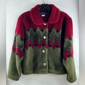 Women’s Fleece Jacket Black Diamond Button Sz S Aztec Navajo Style Green Red - Picture 1 of 11