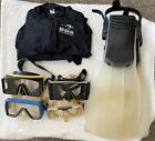 Scuba Diving Snorkeling Masks Lot of 4, SSA Wetsuit, and Tekna Fins. Used.