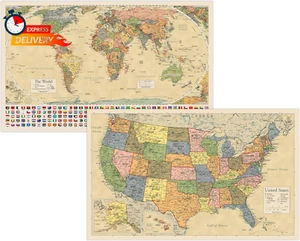 2 Pack - Laminated World Map Poster & USA Map Set - Equal Earth World Map Design - Picture 1 of 12