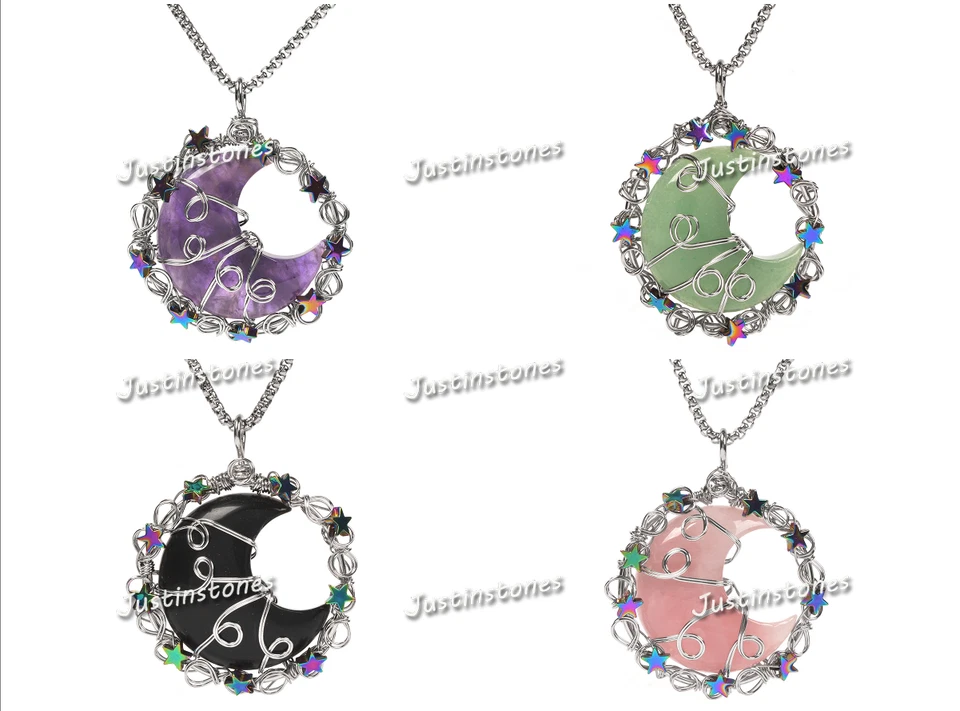 45mm Crystal Reiki Moon Silver Wire Wrapped Star Charm Pendant & Necklace 20" - Image 1 of 1