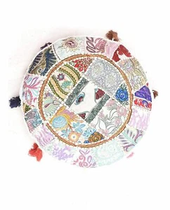 Round Cushion Cover Patchwork Khambadiya Pillow Cotton With Sequin &Beads Pillow - Picture 1 of 3