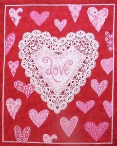 Valentine Heart Love Red Fabric 17.25" x 22" Pre-printed Lacey Quilt Top Panel