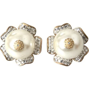 DOLCE & GABBANA Earrings Gold Tone Maxi Faux Pearl Floral Clip-on Jewelry 870usd - Picture 1 of 5