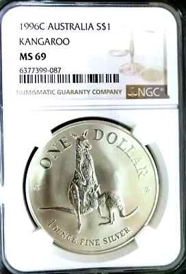 NGC MS69 Australia 1996C Kangaroo Silver $1 Almost Perfect GEMBU Scarce - Image 1 of 2