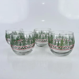 4x Vintage Home Interiors Christmas Holly Pine Trees Glass Votive Cups Set NEW - Picture 1 of 10