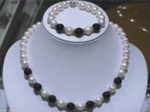 Natural 7-8mm White Pearl 8mm Black Agate Necklace 18'' Bracelet 7.5'' Set - Picture 1 of 3