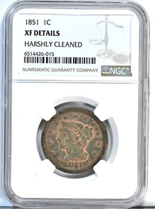 1851 1C Coronet Head Cent NGC Graded (XF Details) HARSHLY CLEANED Coin 1892 - Picture 1 of 2