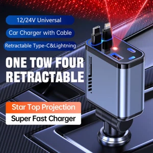 4 in 1 Retractable Cable Dual Ports Fast Car Charger with Starlight Car Proof UK - Picture 1 of 9