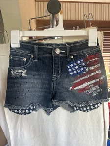Justice Premium Jeans Girls Denim Shorts Pockets Sz 10R American Flag Patriotic - Picture 1 of 15