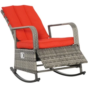 Reclining Rocking Chair, Outdoor PE Wicker Porch Rocker, Cushion, Patio, Red - Picture 1 of 11