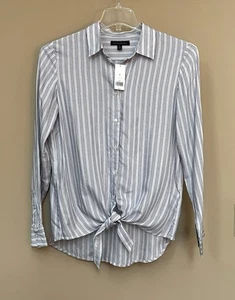 Banana Republic M-Blue/White Striped Top-Tie Front-Button Up-Lightweight Blouse - Picture 1 of 21