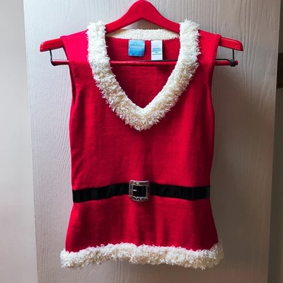 XS Red Santa Sweater Vest Fur Trim Sequin Buckle Accent Ramie/Cotton SMITTEN - Image 1 of 4