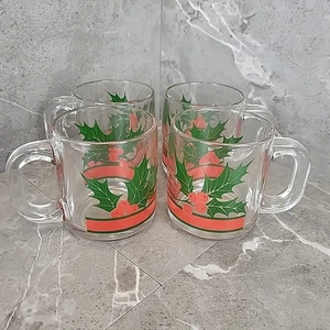 Vintage Libbey Holiday Holly and Berries D Handled Mugs Glass Set of 4 EUC - Picture 1 of 6