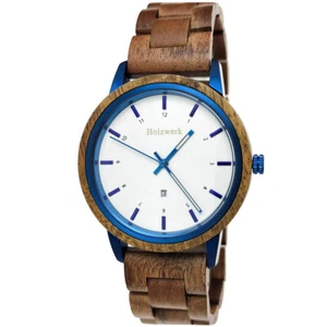 Holzwerk GARDING Damen und Herren Edelstahl & Holz Datum Uhr, braun, weiß & blau - Bild 1 von 11