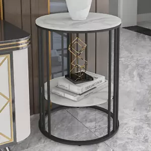 Beistelltisch Marmor rund Couchtisch schwarz Sofatisch Nachttisch Metallrahmen - Bild 1 von 7