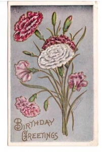 Saludos de cumpleaños, Dianthus, postal antigua de 1907, Fred C Lounsbury - Imagen 1 de 2