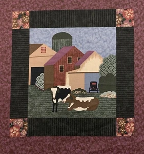 Vintage Farm Fabric Panel Pillow Quilt Cows Barn House Purple Almost Amish RJR - Picture 1 of 11