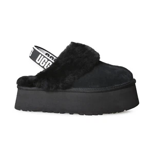 UGG FUNKETTE BLACK SUEDE SHEEPSKIN STRAP PLATFORM WOMEN'S SLIPPERS SIZE US 8 NEW - Picture 1 of 6