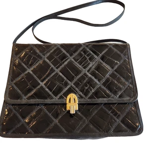 VTG Venetto Black Purse Alligator Shoulder Bag Strap Handle Gold Tone HW USA - Picture 1 of 23