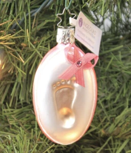 New Inge Glas Baby's First Christmas Glass Ornament Foot Print Pink Girl Germany - Picture 1 of 8