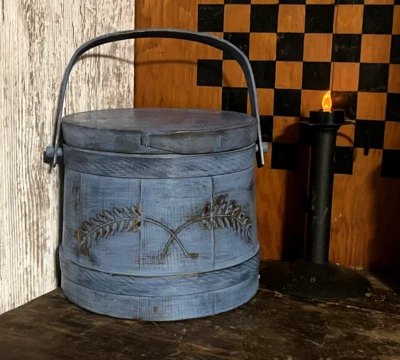 Beautiful Vintage Firkin with carved Wheat design & Grubby Primitive Blue Paint - Image 1 of 4