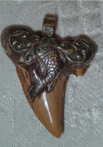Real Fossil Shark Tooth Pendant with Fish design 2 inch - Picture 1 of 2