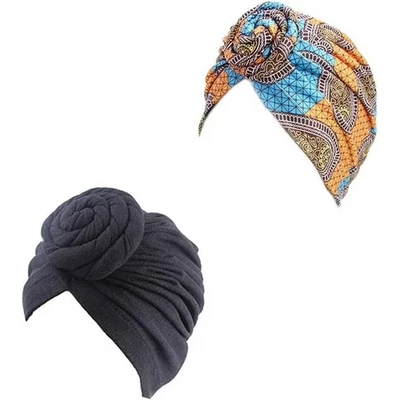 2Pieces African Turban for Women Knot Pre-Tied Bonnet Beanie Cap Headwrap - Image 1 of 4