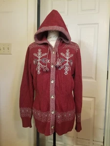 De Colección Eddie Bauer Suéter Cardi XL Rojo Gris Copo de Nieve Abotonado Con Capucha Cordón - Imagen 1 de 23