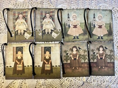 Meninas primitivas, arte popular, cartolina de linho pendurar etiquetas conjunto de 8 - Imagem 1 de 4