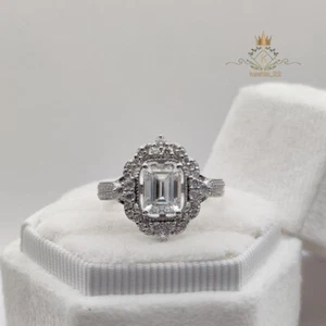 2.60 CT Emerald Cut VVS1 Solid 14K White Gold Moissanite Vintage Engagement Ring - Picture 1 of 10
