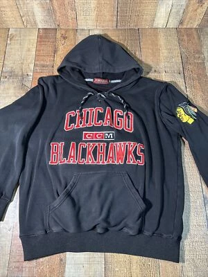 Sudadera Chicago Blackhawks CCM Vintage Mediana Negra Roja Spellout TOWES 19 Foto 1 de 4