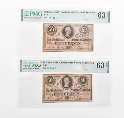 Lot (2) PMG 63 EPQ 1863 50 Cents Confederate Consecutive Notes T63 *1138 - Image 1 of 3