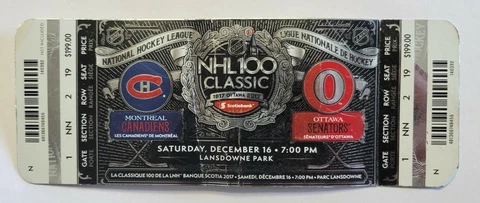 2017 NHL 100 Anniversary Unused Ticket Ottawa Senators Montreal Canadiens Cover